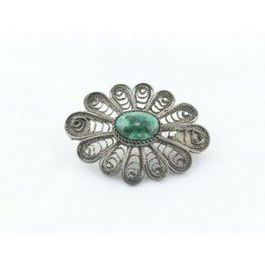 Sterling Silver Green Agate Flower Pin Brooch
